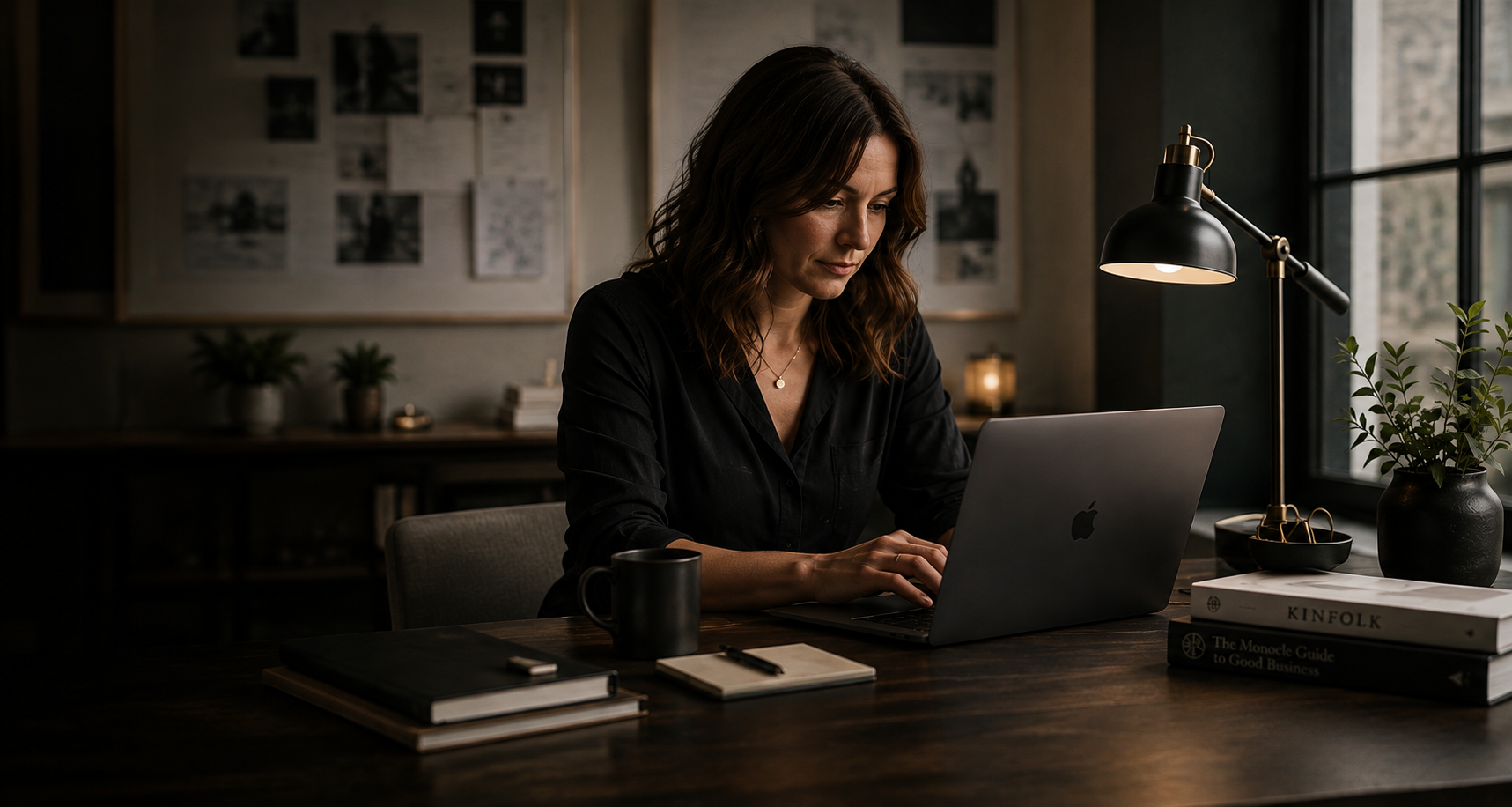 A business owner working focused at a laptop in a dark, editorial office