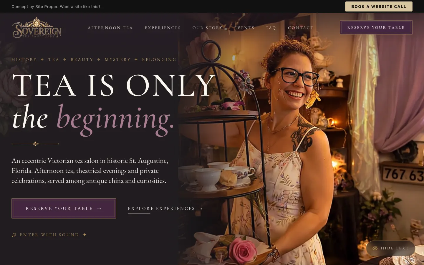 Sovereign Tea Sanctuary homepage: the headline 'Tea is only the beginning' over a photo of guests in the Victorian tea salon